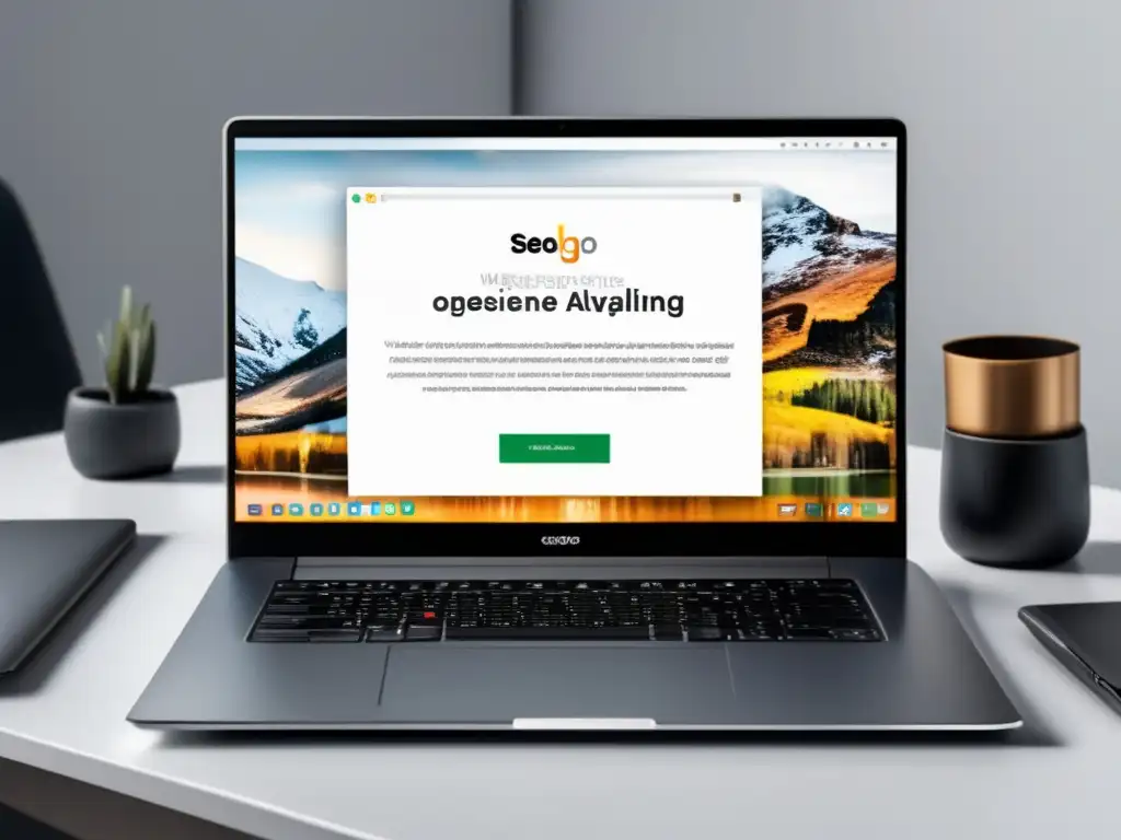 Laptop moderno en escritorio blanco con web optimizada SEO Laptop moderno en escritorio blanco con sitio web atractivo y SEO exitoso: estrategia de marketing de afiliados