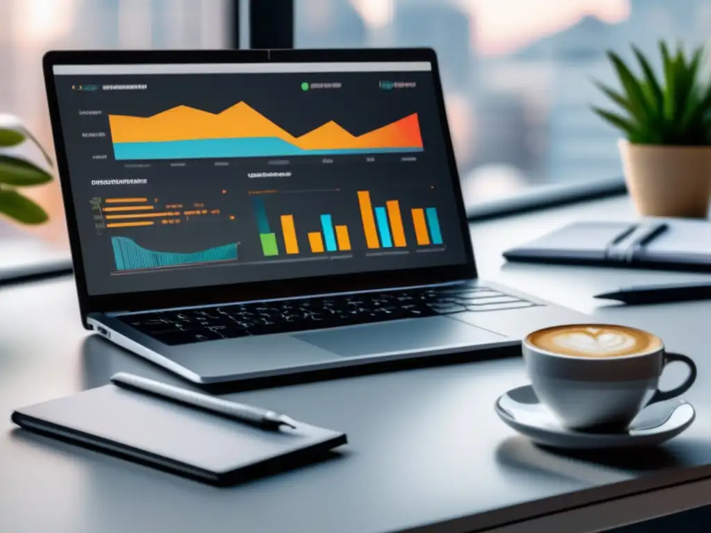 Laptop moderno y eficiente rodeado de herramientas de marketing Laptop moderno con SEO dashboard y herramientas de marketing, maximizando beneficios en el marketing de afiliados