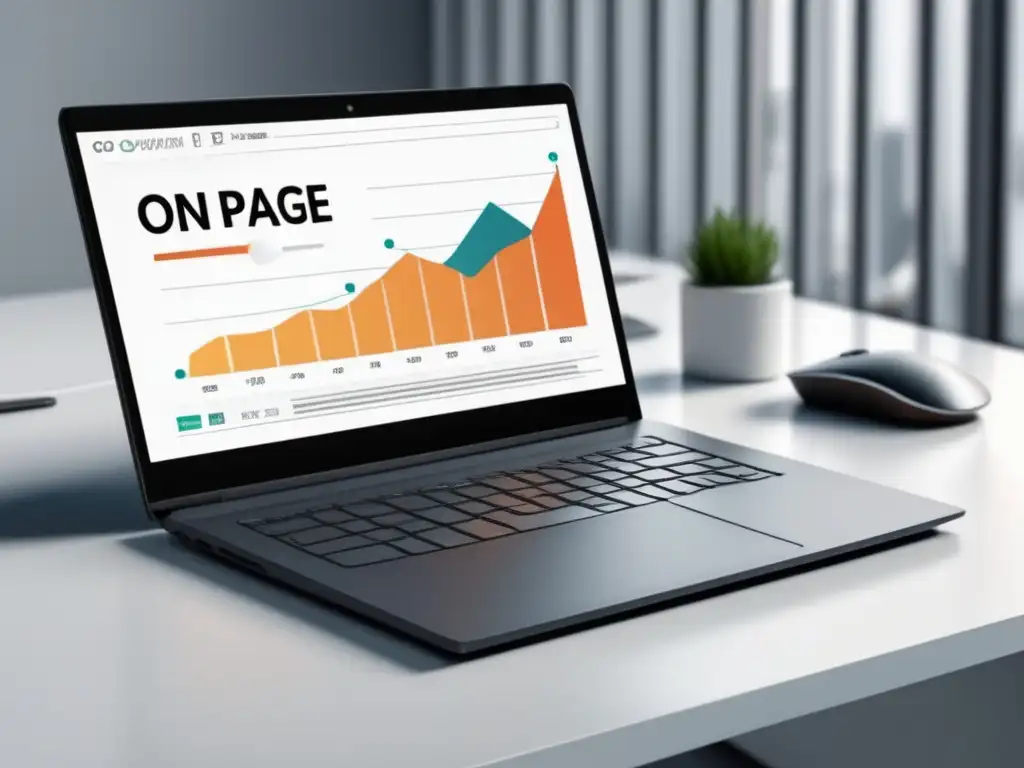 Laptop moderno en escritorio blanco con gráfico de SEO y palabras clave