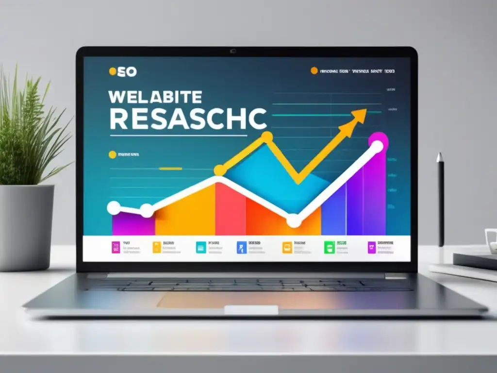 Laptop SEO: Gráfica tráfico web y herramientas Laptop en escritorio blanco con gráfico de tráfico web y herramientas de SEO para afiliados