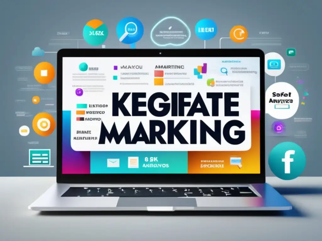 Laptop moderno y vibrante con pantalla detallada Laptop moderno con pantalla vibrante y nítida rodeado de iconos de marketing, destacando análisis de palabras clave