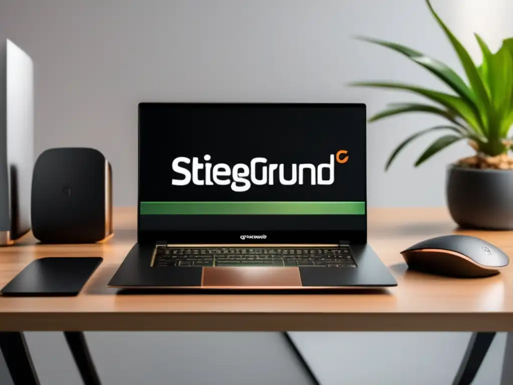 Laptop moderno en escritorio minimalista Laptop moderno y elegante con logo SiteGround en pantalla, en un escritorio minimalista con accesorios profesionales