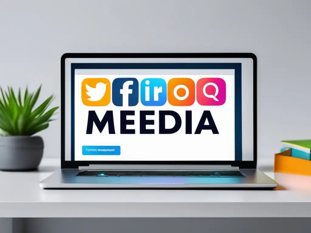 Laptop moderno en escritorio blanco con plataforma de redes sociales vibrante