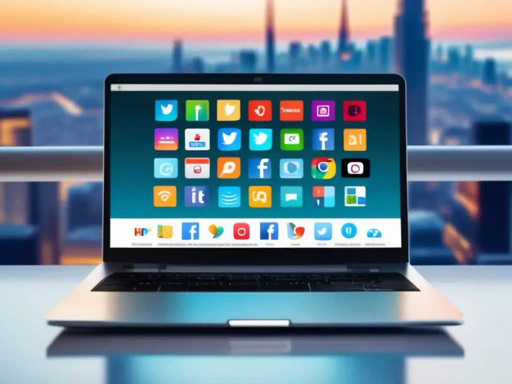 Laptop moderno con pantalla vibrante y redes sociales Laptop moderno con pantalla vibrante y herramientas de redes sociales para el marketing de afiliados