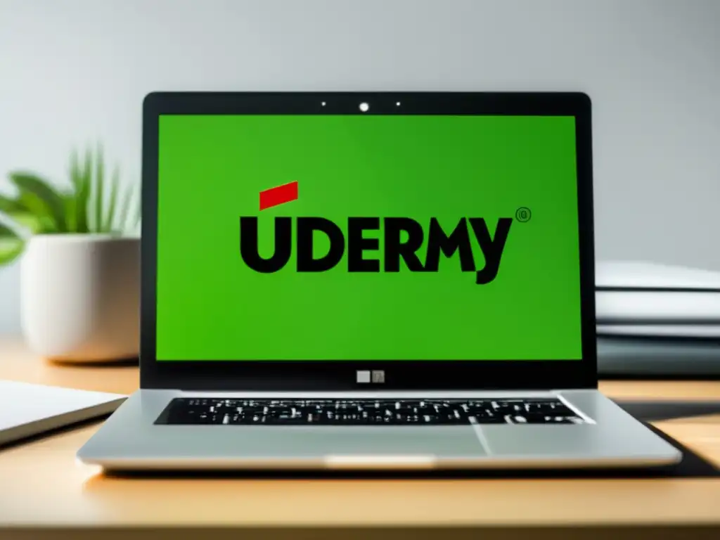 Laptop con logo Udemy en escritorio minimalista Laptop con logo de Udemy: ventajas del programa de afiliados de Udemy