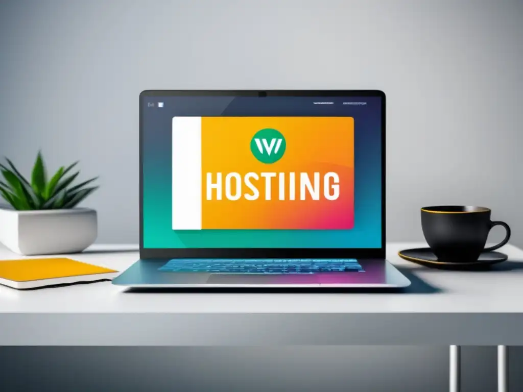 Laptop moderno en escritorio blanco, mostrando web de hosting Laptop moderno en un escritorio blanco, con web hosting y programas de afiliados
