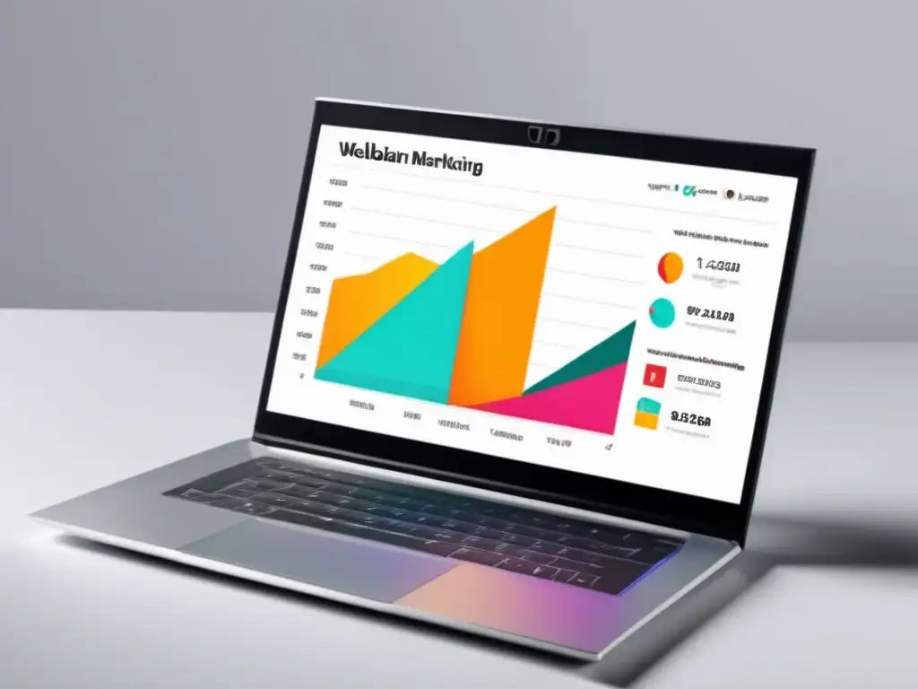Laptop minimalista con pantalla vibrante y diseño elegante, muestra interfaz de webinar para marketing de afiliados con herramientas poderosas