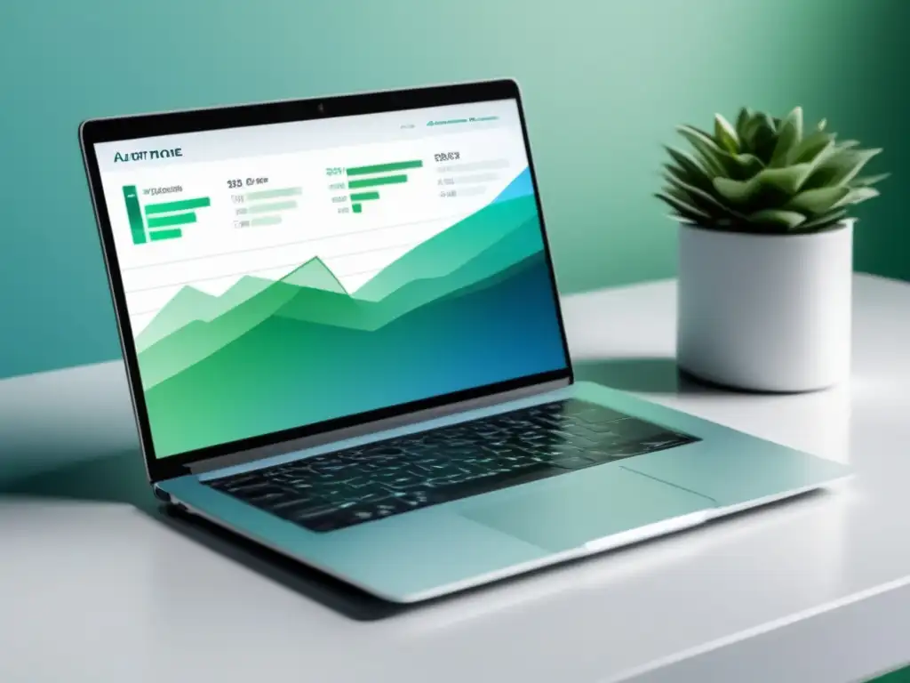 Aumento ingresos pasivos Laptop minimalista en escritorio blanco con gráfico de ingresos pasivos y estrategias avanzadas de marketing de afiliados