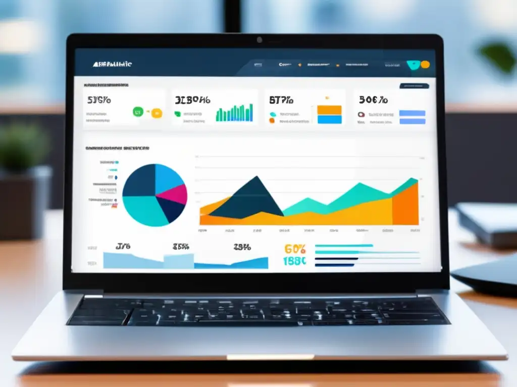 Laptop profesional con dashboard de marketing de afiliados Laptop minimalista con dashboard de marketing de afiliados, mostrando herramientas efectivas de análisis y diseño profesional