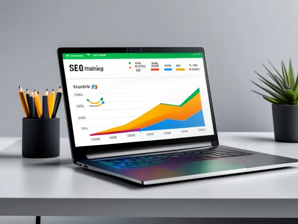 Laptop SEO exitoso Laptop moderno con diseño minimalista en escritorio blanco