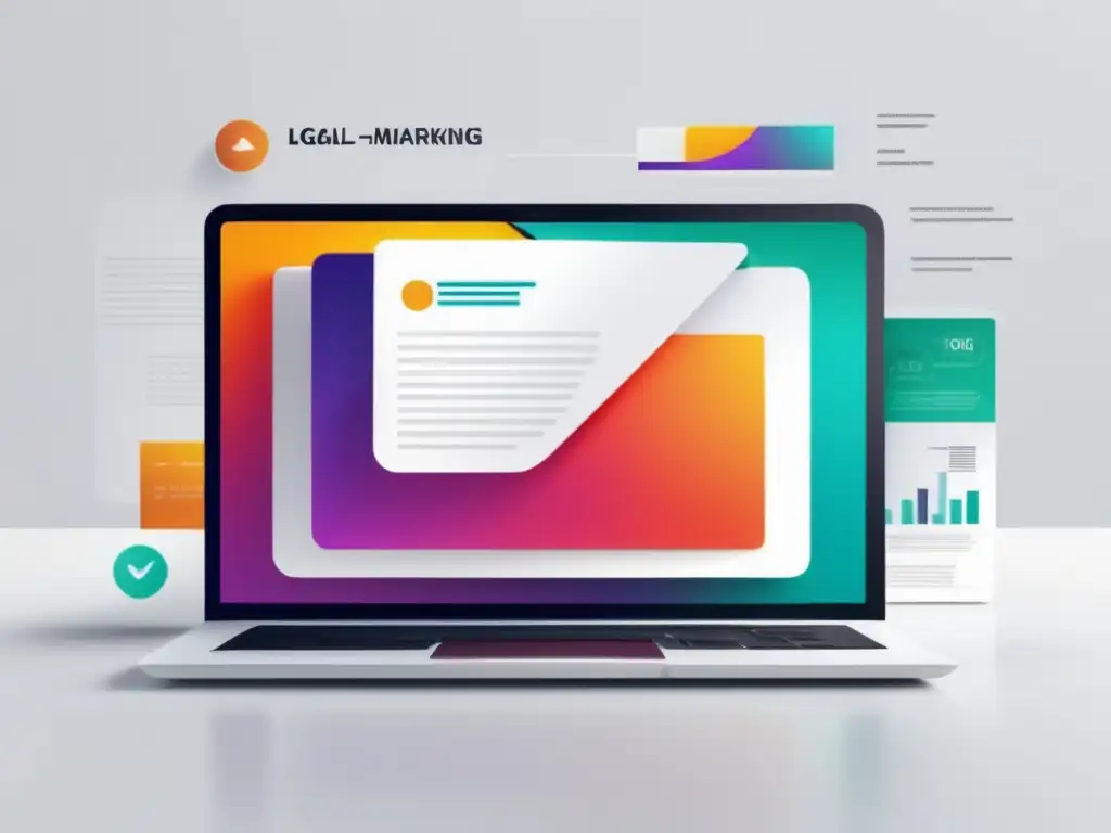 Laptop con documento legal en pantalla Laptop blanco en escritorio blanco, mejores prácticas legales marketing de afiliados