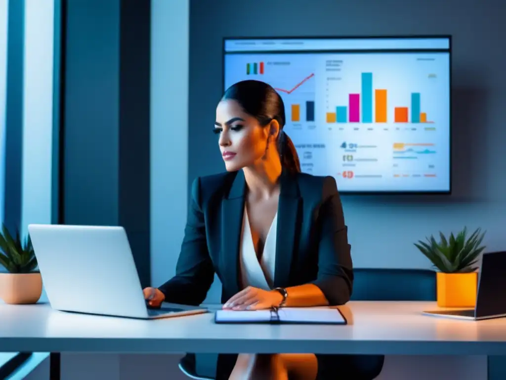 Marketer enfocada en métricas de afiliación Laura Gómez, experta en marketing de afiliados, en su elegante escritorio con gráficas de éxito en marketing de afiliados