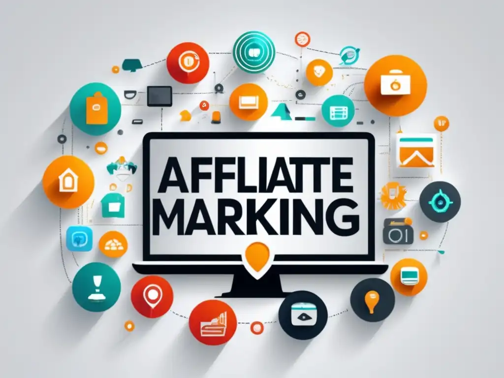 Marketing de afiliados: Red de iconos interconectados Estrategias efectivas de marketing de afiliados en una imagen impactante de 8k, con iconos interconectados y detalles vibrantes