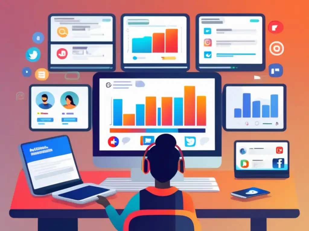 Persona en escritorio con múltiples pantallas de redes sociales Estrategias para aumentar ganancias en el marketing de afiliados con redes sociales