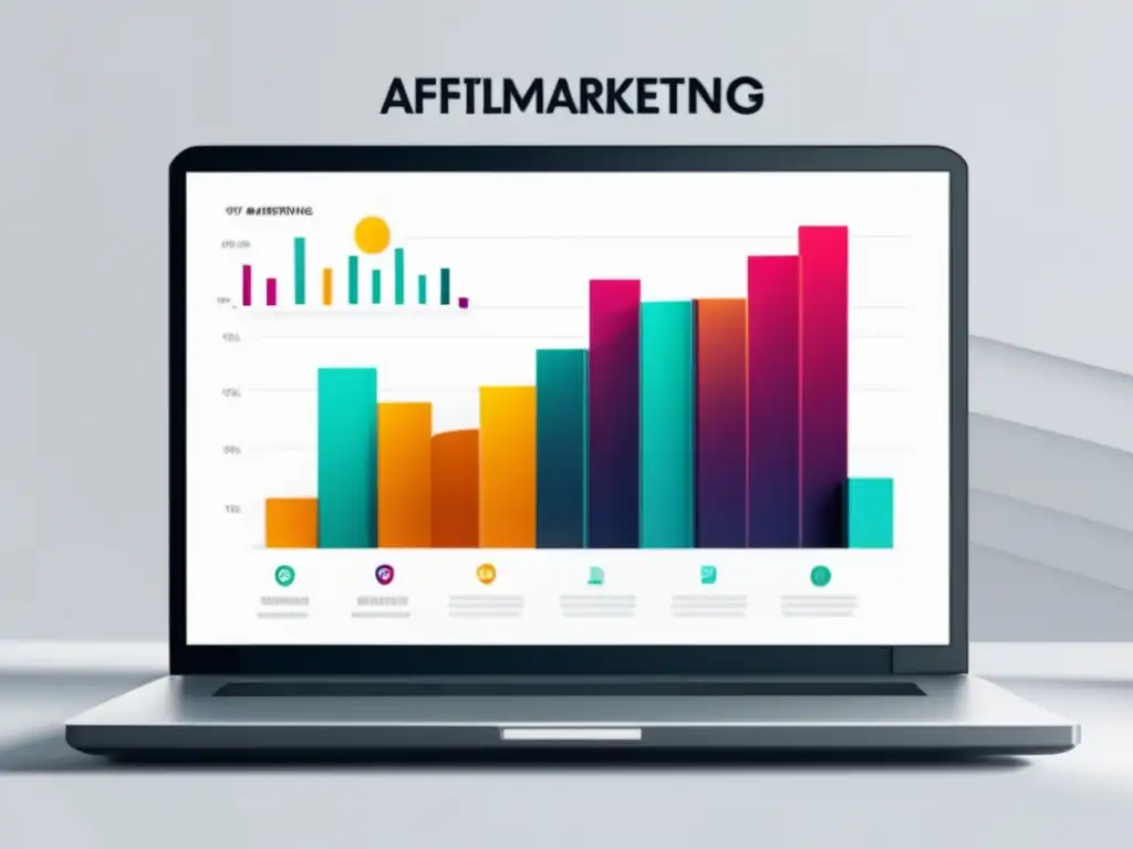 Laptop minimalista con gráfico de éxito en marketing de afiliados Laptop moderno con pantalla vibrante que muestra gráfico de éxito en estrategias de marketing de afiliados