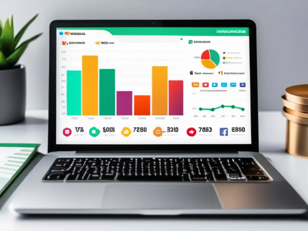 Laptop de marketing de influencers Laptop con gráficos de redes sociales y dinero, ejemplificando estrategias de marketing de influencers en programas de afiliados