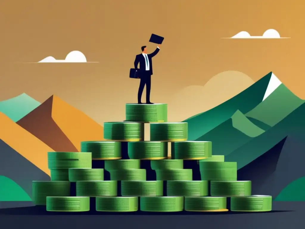 Éxito en el marketing de afiliados Casos éxito marketing afiliados: persona en montaña dinero, traje, laptop; ilustración moderna, colores vibrantes
