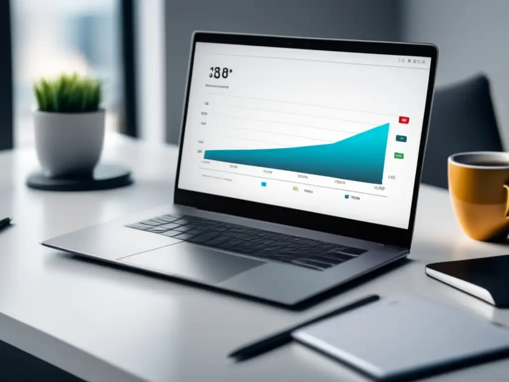 Laptop minimalista en escritorio blanco Laptop en escritorio blanco con gráfico de ganancias y símbolo de dólar, programa afiliados para maximizar ganancias
