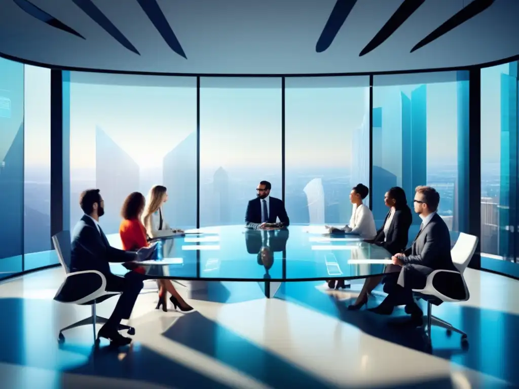 Reunión innovadora y colaborativa de profesionales Tendencias en el marketing de afiliados: Grupo profesional discutiendo en una sala moderna y luminosa con una mesa de vidrio transparente