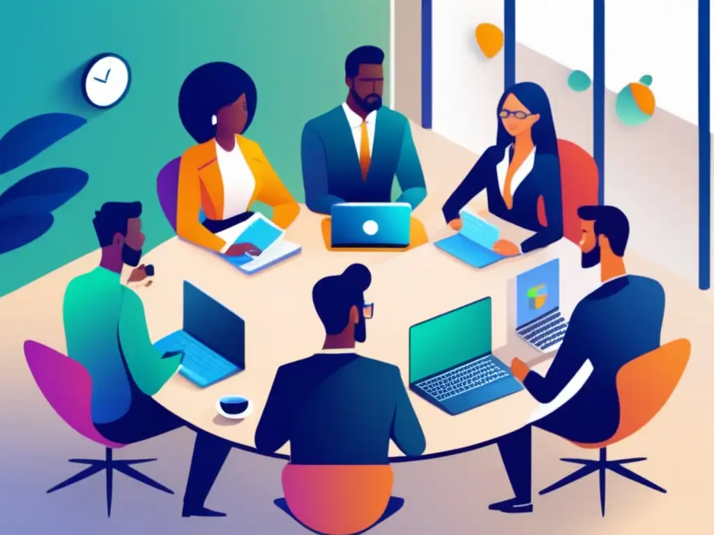 Grupo diverso discutiendo sobre mejores prácticas éticas en el marketing de afiliados