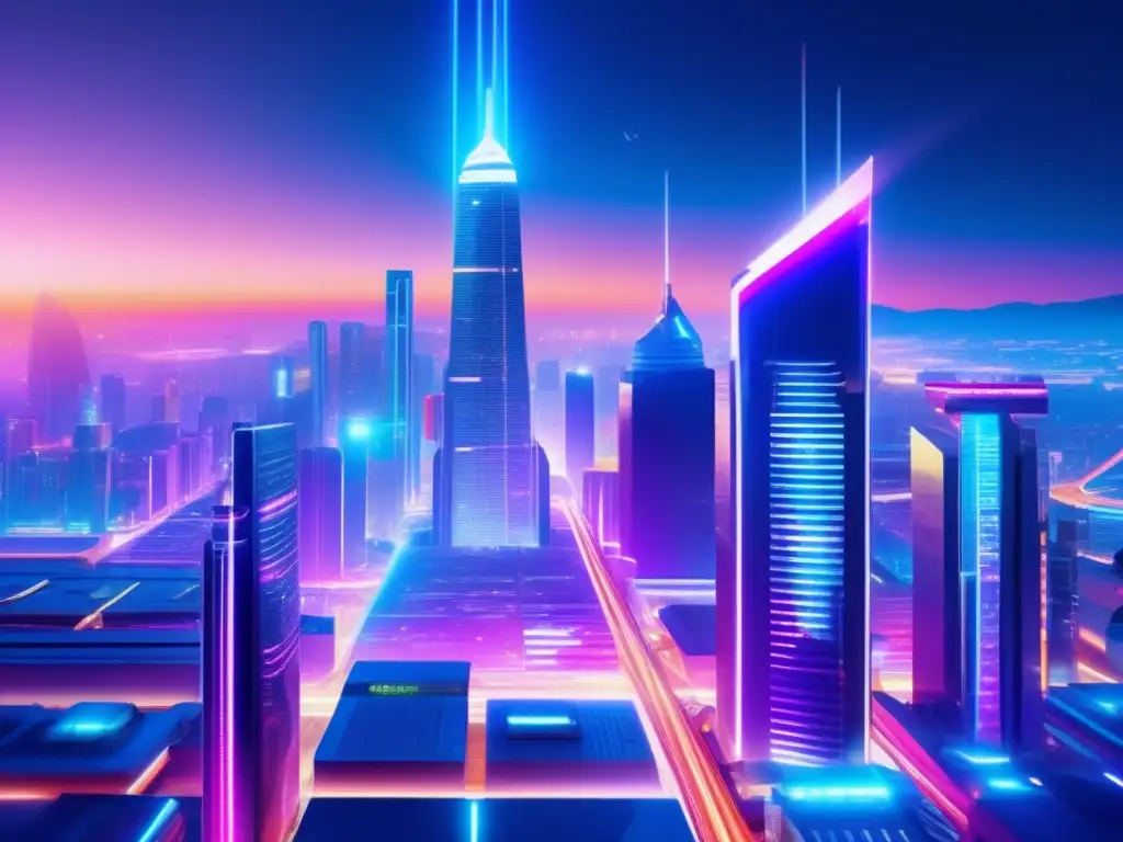 Futurista ciudad nocturna con rascacielos iluminados Una ciudad futurista vibrante, con rascacielos modernos, luces de neón y un ambiente de éxito en el marketing de afiliados