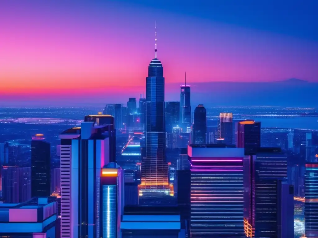 Ciudad futurista iluminada con luces de neón Ciudad futurista iluminada por luces de neón, simbolizando el éxito del marketing de afiliados y las estrategias de SEO