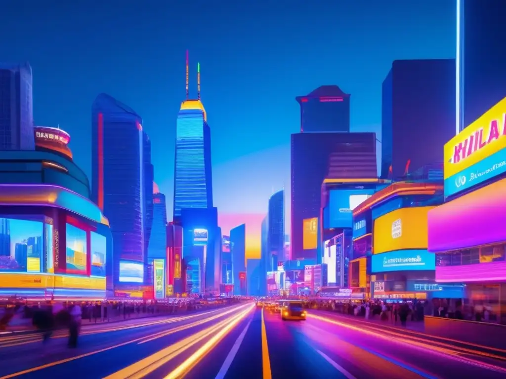 Ciudad vibrante y bulliciosa al atardecer Ciudad vibrante al atardecer, con rascacielos iluminados y tráfico constante
