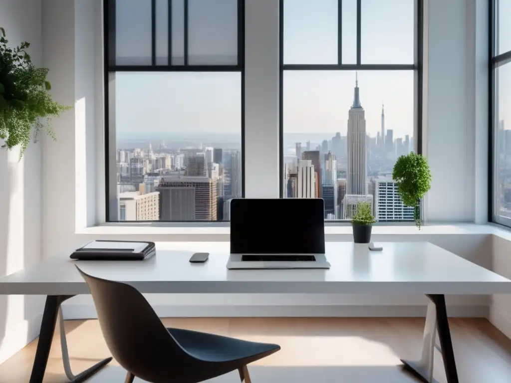 Espacio de trabajo minimalista con escritorio moderno blanco Espacio de trabajo minimalista con mesa moderna de madera lacada blanca, laptop y dashboard de marketing de afiliados