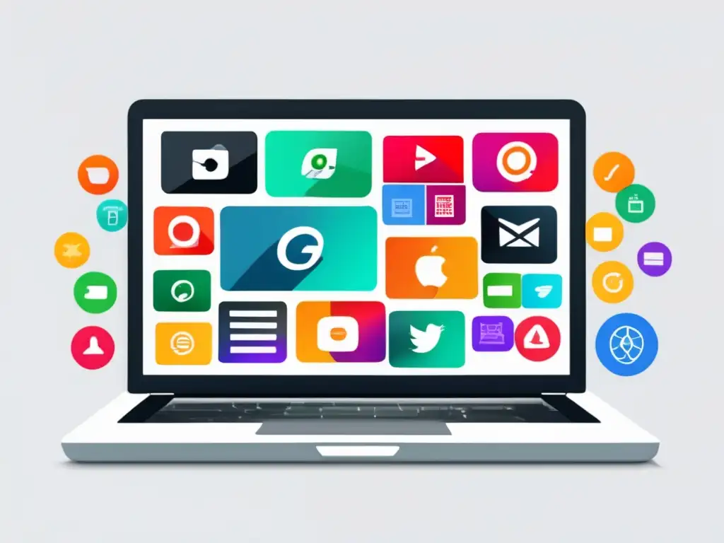 Laptop moderno con íconos de marketing de afiliados Laptop minimalista con pantalla vibrante y símbolos de marketing afiliado