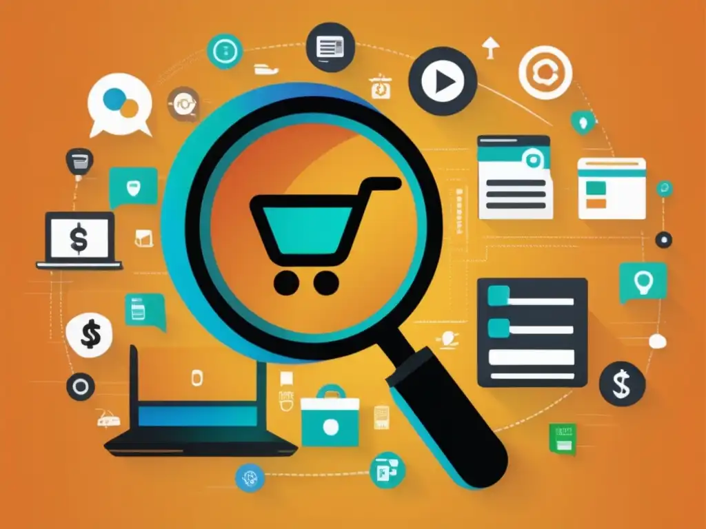 Gráfico moderno de nichos de mercado Ilustración moderna y minimalista con lupa, iconos y colores vibrantes - Técnicas de SEO en el marketing de afiliados