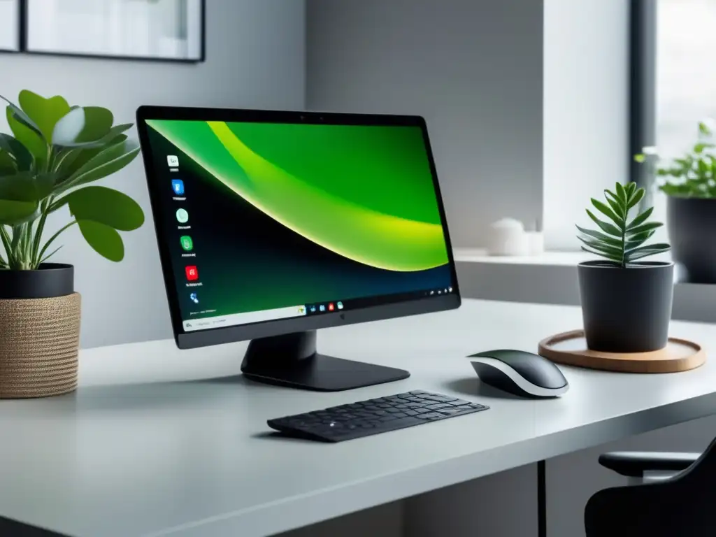 Escritorio minimalista, moderno y profesional Escritorio minimalista con diseño moderno y elegante, laptop blanca, teclado negro y planta verde