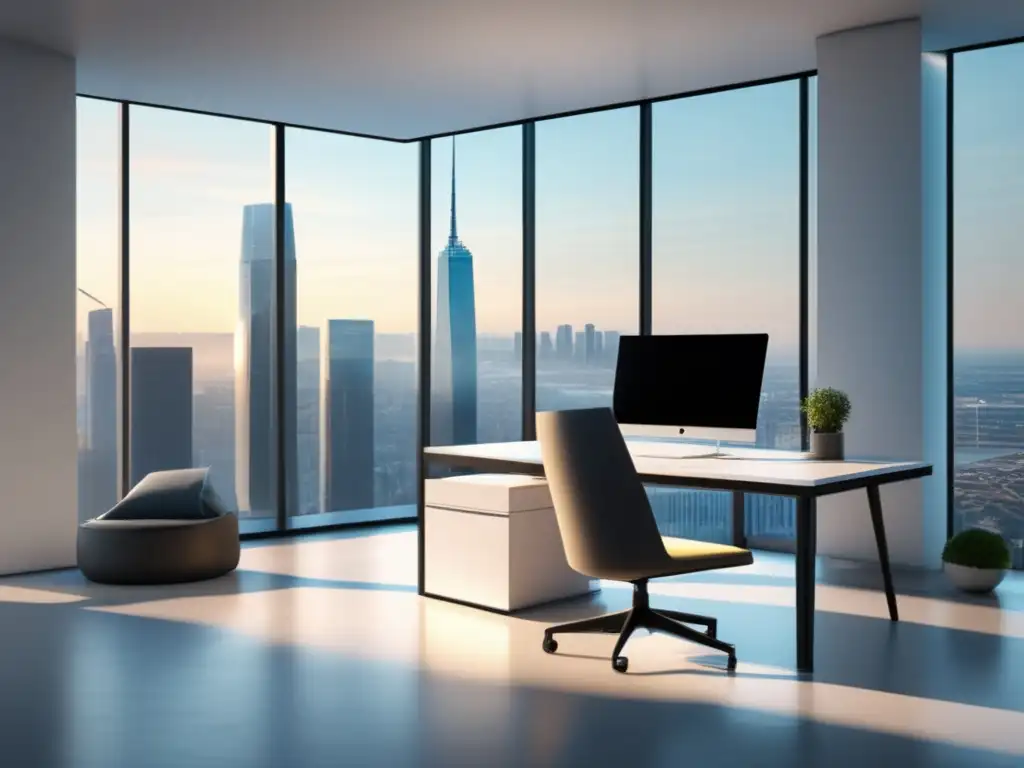 Oficina minimalista con vista a la ciudad Oficina minimalista con mobiliario moderno y vistas a la ciudad - Estrategias de marketing de afiliados exitosas