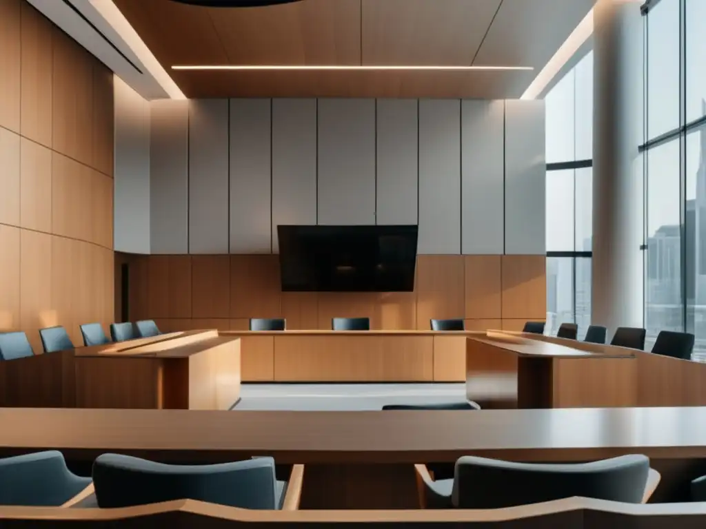 Elegante sala de audiencias moderna y luminosa Sala de tribunal moderna con diseño minimalista, iluminación natural y vistas panorámicas a la ciudad