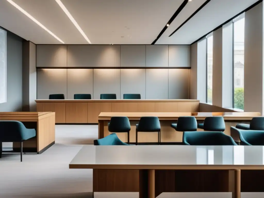 Sala de tribunal moderna y minimalista Sala de tribunal moderna y elegante con luz natural y detalles minimalistas