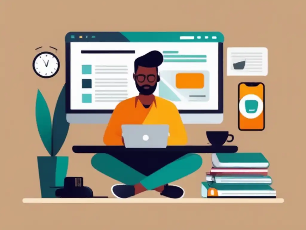 Persona trabajando en escritorio moderno Persona trabajando en escritorio con dispositivos digitales, reflejando la modernidad y simplicidad del marketing de afiliados