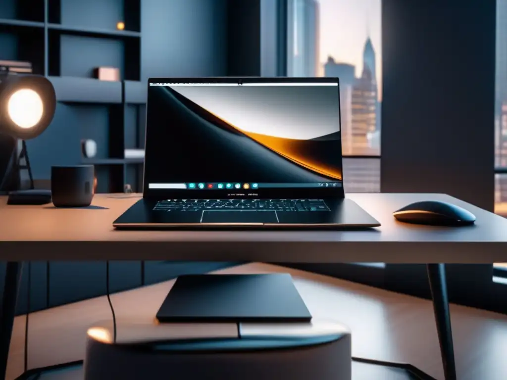 Espacio de trabajo moderno y minimalista Espacio de trabajo moderno con escritorio minimalista y laptop plateada, herramientas de video marketing para afiliados