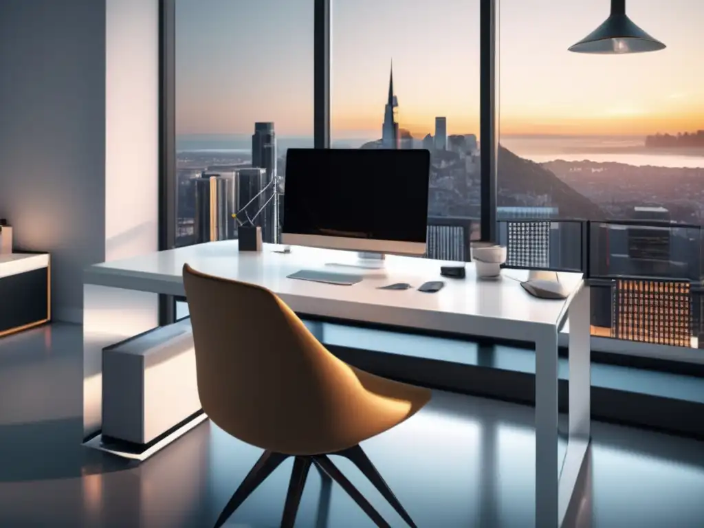 Oficina minimalista y moderna con vista impresionante Oficina minimalista: escritorio blanco, vista panorámica de ciudad, laptop, teclado inalámbrico, lámpara elegante y arte moderno