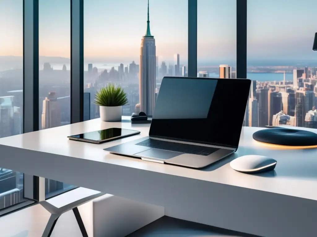 Espacio de trabajo minimalista y eficiente Herramientas afiliados: Oficina minimalista con vista panorámica a la ciudad