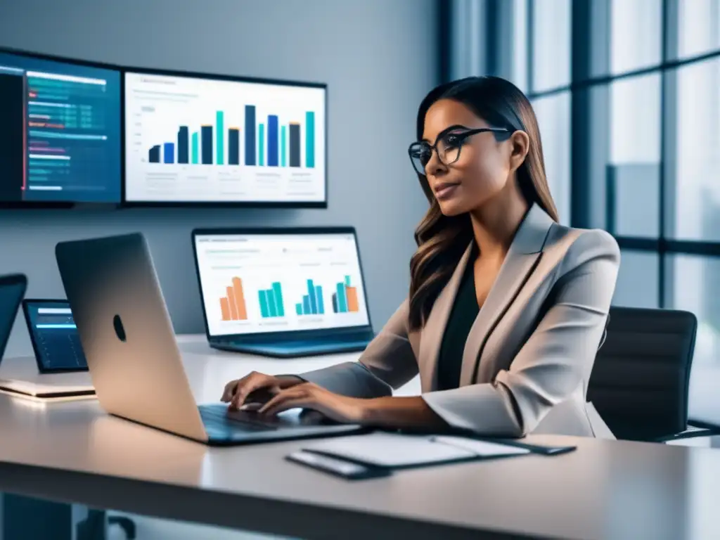 Mujer exitosa analizando métricas de marketing afiliado Mujer exitosa en marketing de afiliados, analizando métricas y estrategias