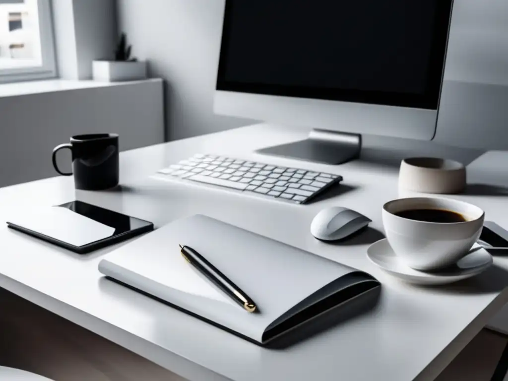 Espacio de trabajo ético y minimalista Imagen de espacio de trabajo moderno y minimalista, reflejando las mejores prácticas para el marketing de afiliados ético