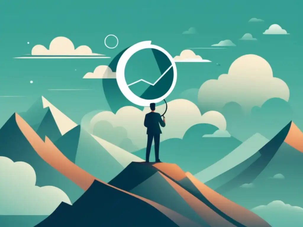 Buscando tu nicho en el marketing de afiliados Persona en la cima de una montaña con lupa: estrategias para tener éxito en el marketing de afiliados