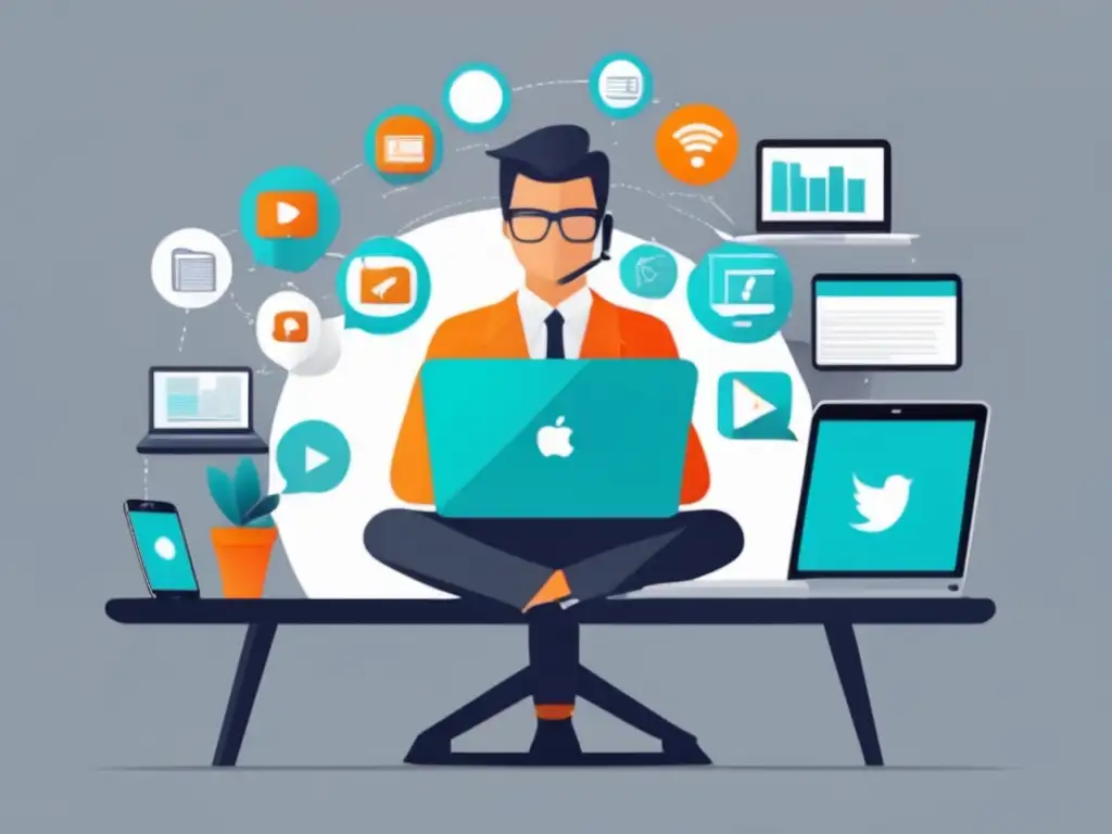 Persona enfocada en marketing de afiliación en un entorno minimalista Persona enfocada en marketing de afiliados en un escritorio minimalista rodeado de dispositivos digitales