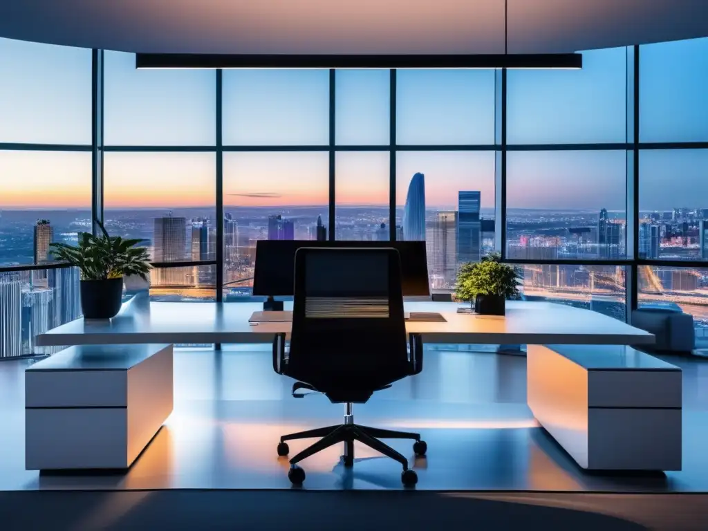 Oficina moderna con vista a la ciudad y experto en SEO Oficina minimalista con vista panorámica de ciudad, estrategias de SEO para aumentar ingresos en marketing de afiliados