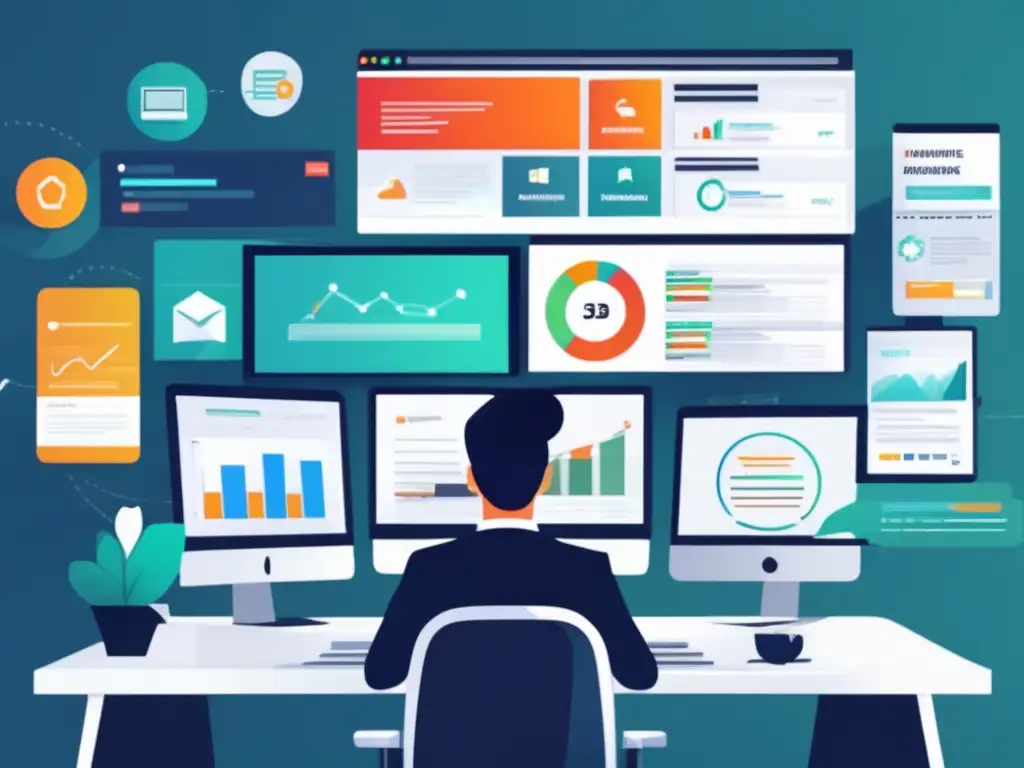 Profesional enfocado en marketing de afiliados Persona trabajando en escritorio con múltiples pantallas de afiliados y análisis, estrategias para ganar dinero con programas de afiliados