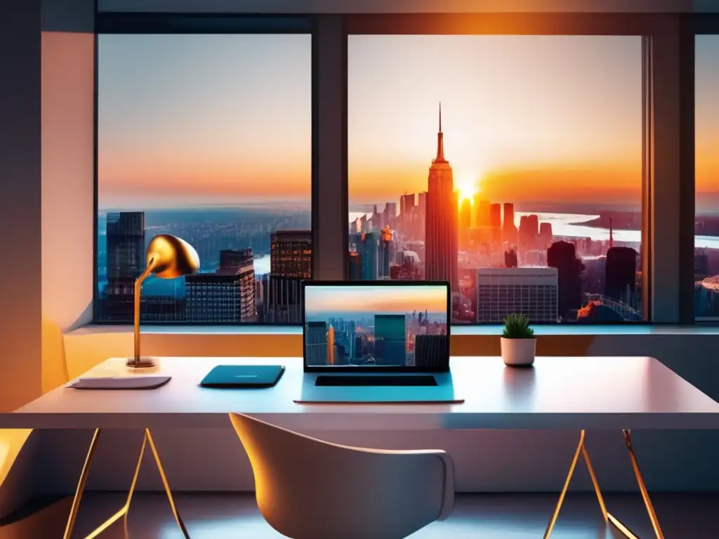 Oficina moderna con vista a la ciudad al atardecer Oficina moderna y minimalista con vista a la ciudad al atardecer, simbolizando el éxito y crecimiento del marketing de afiliados