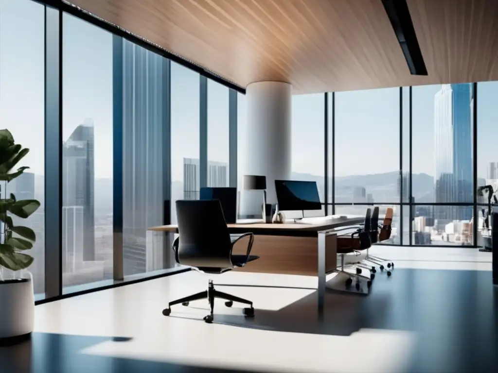 Oficina moderna y minimalista con vista panorámica Oficina moderna y minimalista con motivación para estrategias de marketing de afiliados innovadoras