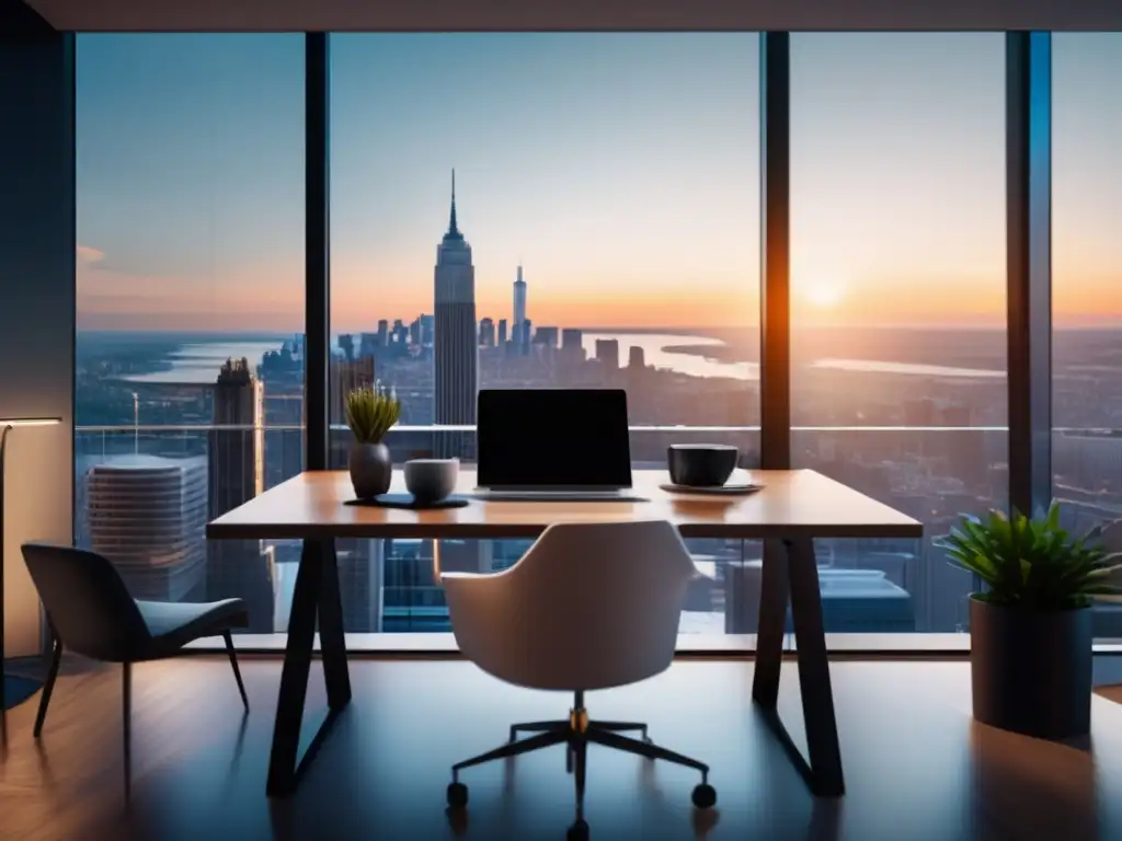 Oficina de marketing moderna y productiva Oficina moderna con vista panorámica de la ciudad, promoviendo contenido efectivo para el marketing de afiliados