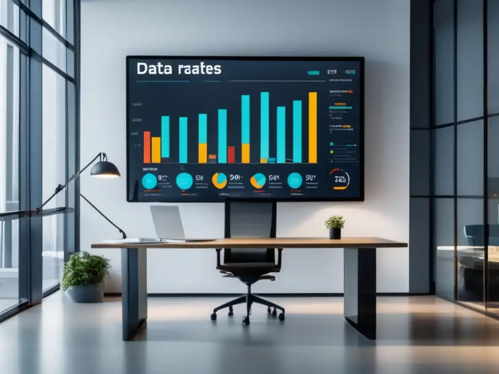 Oficina moderna con pantalla de datos Oficina moderna con pantalla digital mostrando datos y gráficos para mejorar la tasa de conversión en marketing de afiliados