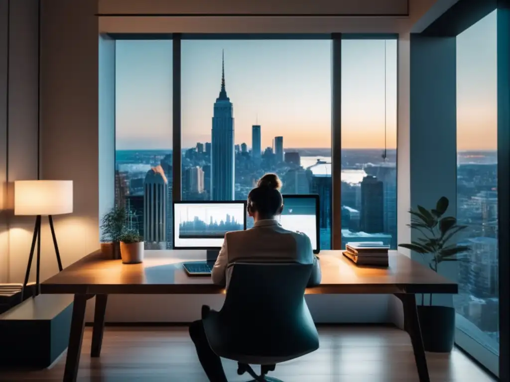 Oficina en casa: éxito y tranquilidad Persona exitosa en oficina en casa con vista a la ciudad y gráfico de ingresos pasivos