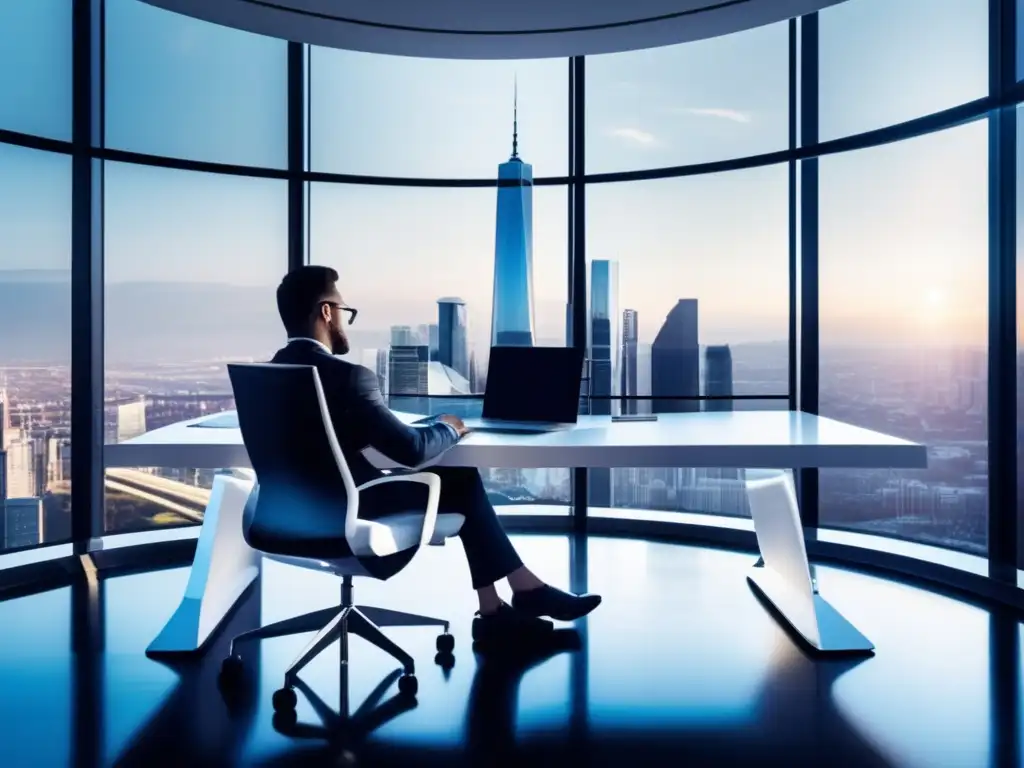 Oficina moderna con vista panorámica, muebles blancos y persona profesional enfocada en marketing de afiliados